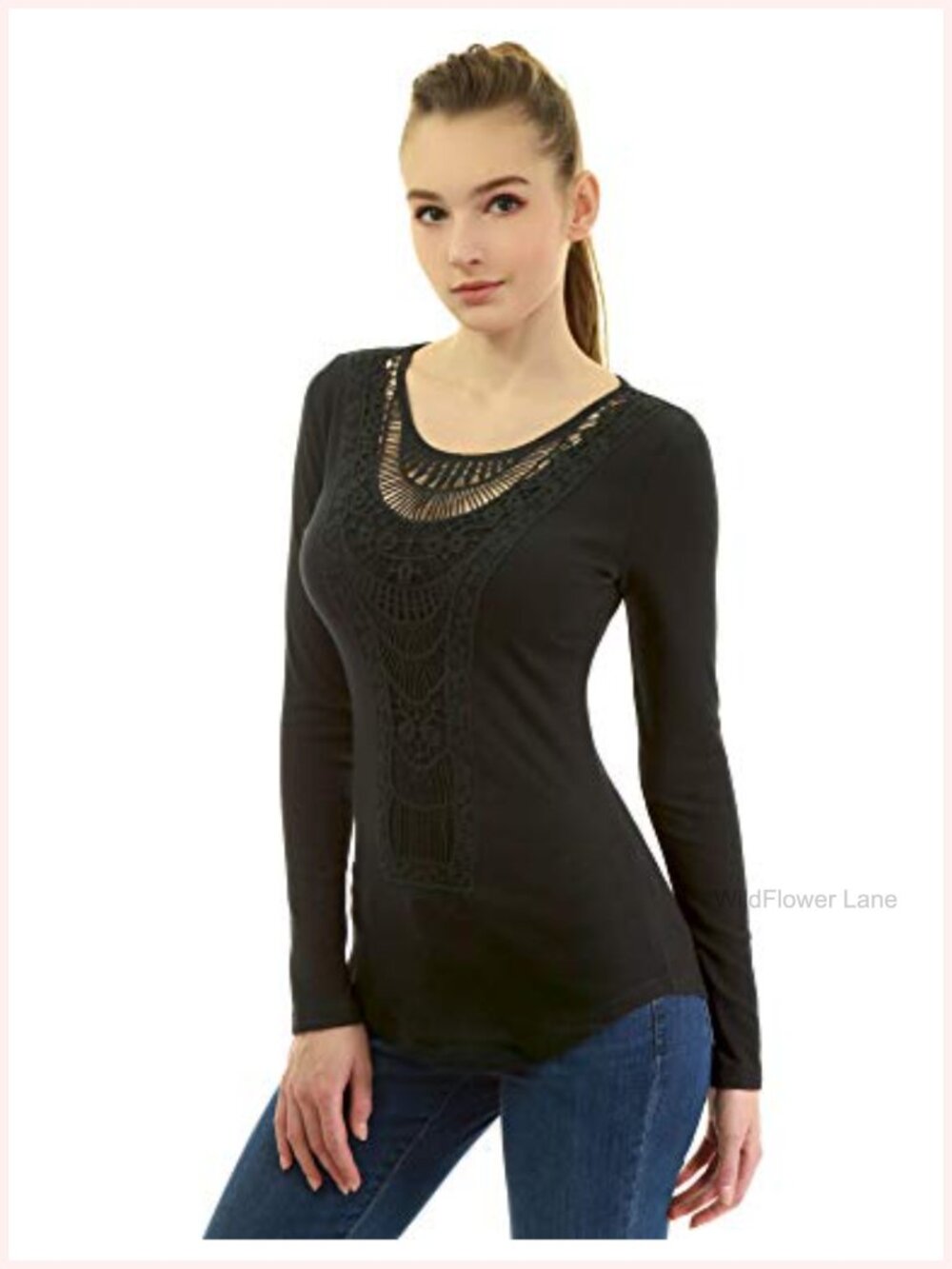 Women Crochet Lace Inset Curved Hem Blouse Slim Fit Long Sleeve Top